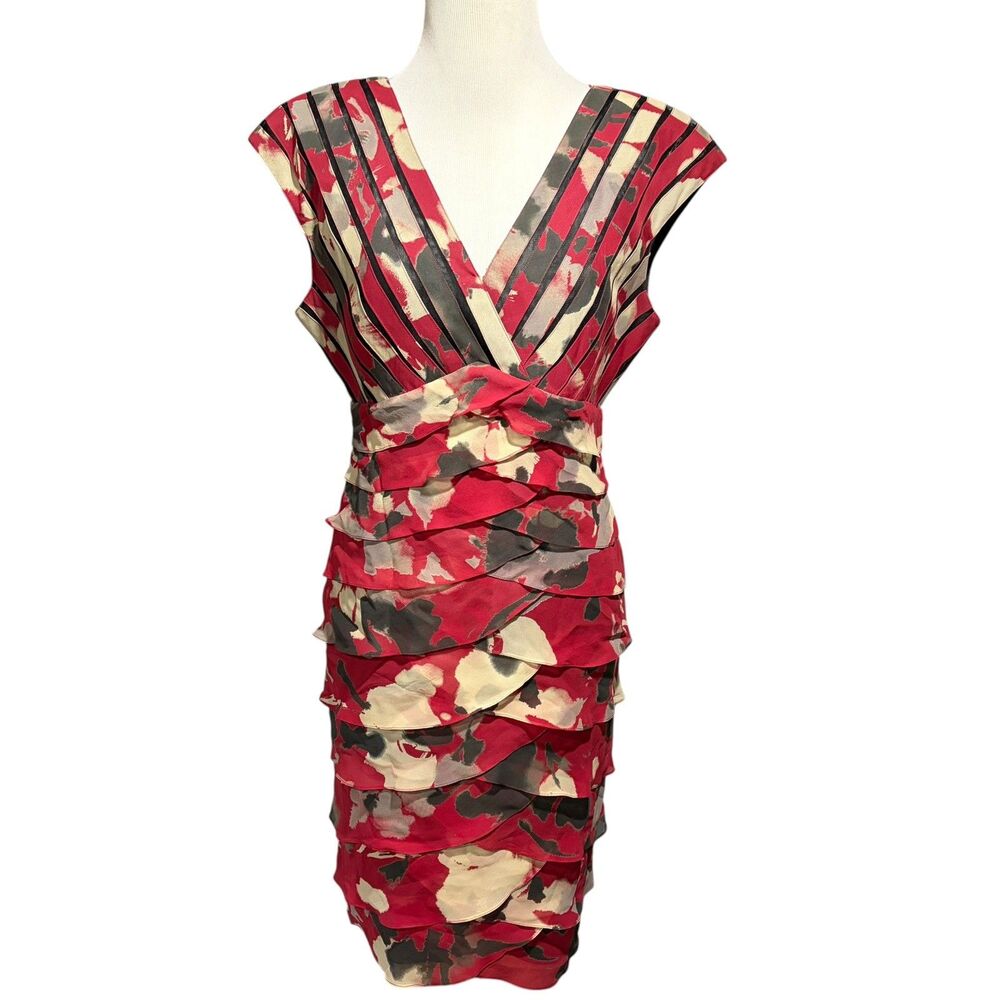 Adrianna Papell Dress 10 Red Floral Tiered Ruffle Silk Chiffon Cocktail Sheath